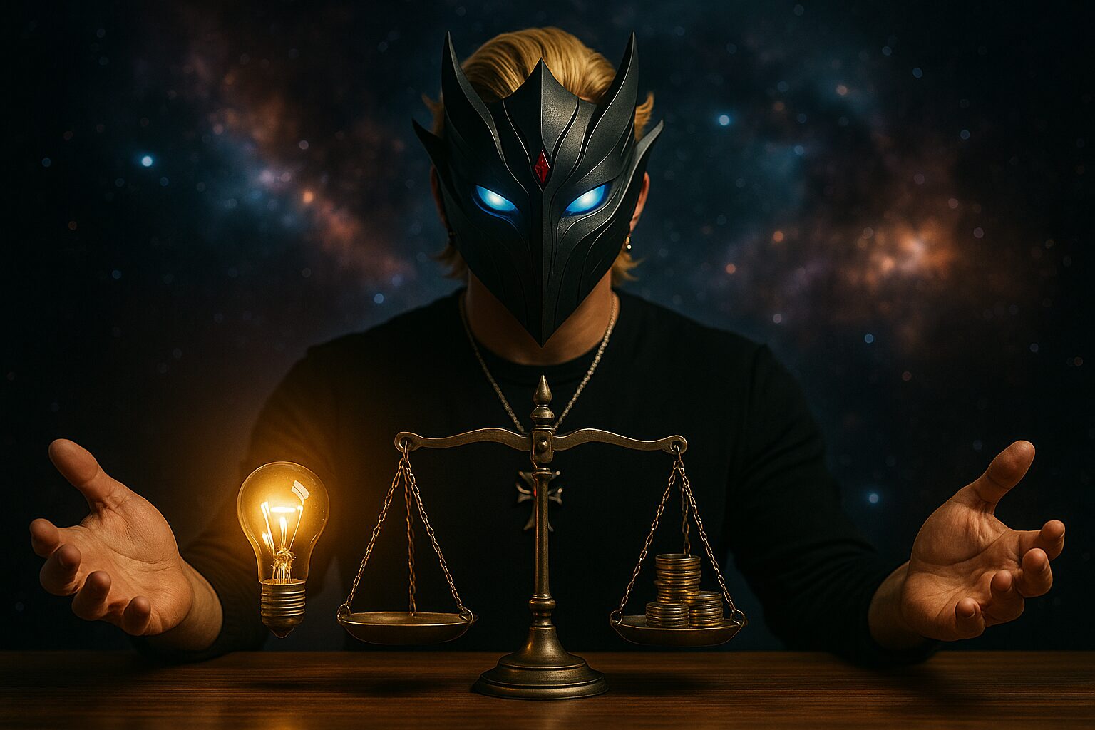 副業で月5万円稼ぐための価値提供と対価、ヴェルニスが両手を広げ、価値提供とお金を天秤にかけている